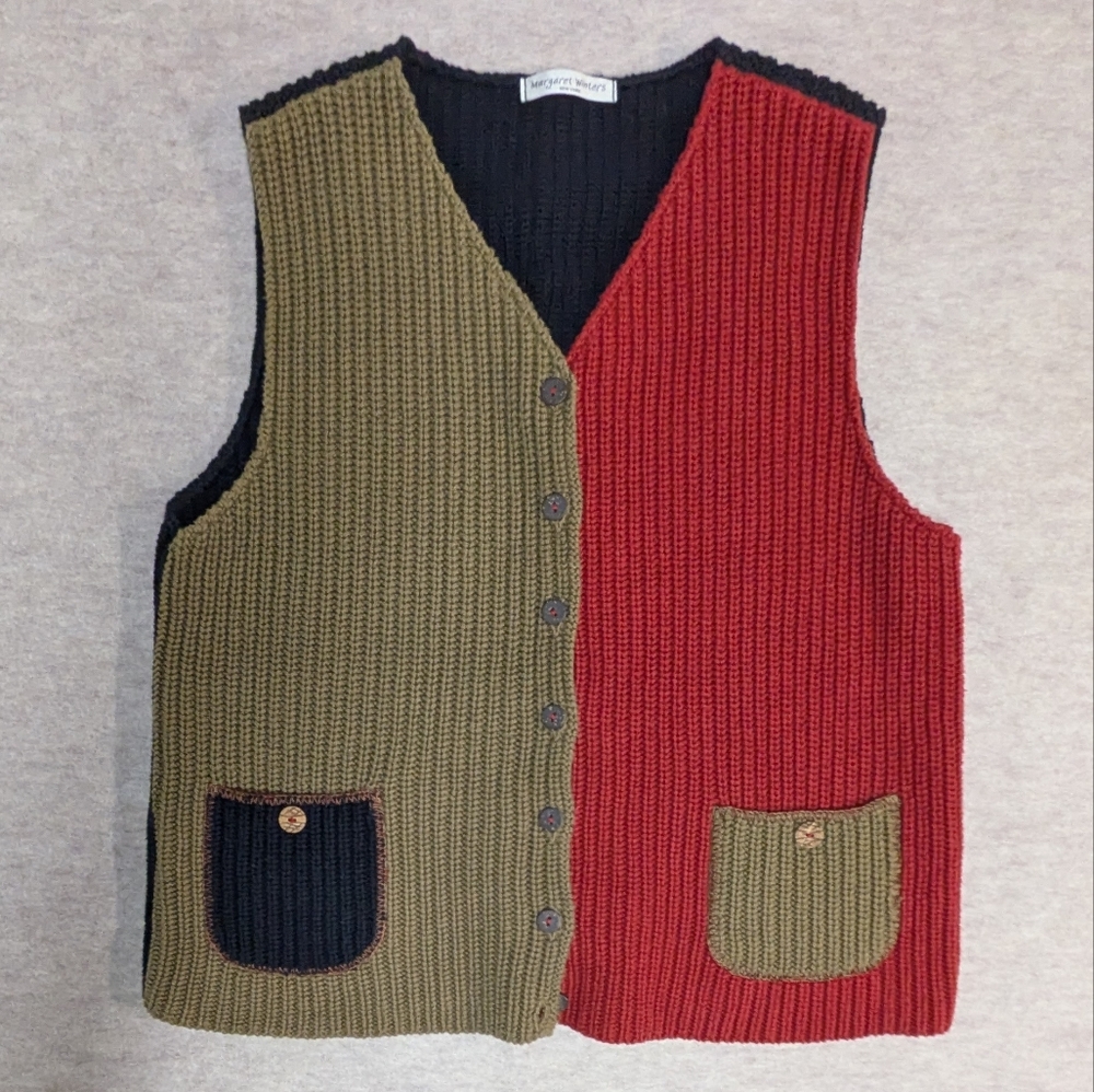 Margaret Howell Two-Tone Ribbed Knit Vest in Olive Green & Red